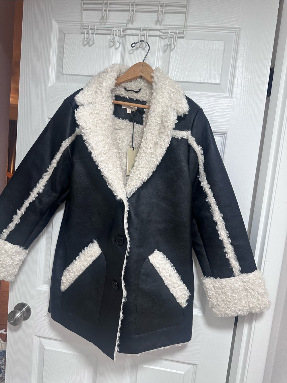 Elan Black Jacket with Cream Faux Shearling Trim
